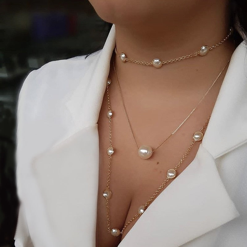 Exquisite Women Necklaces Pearl Clavicle Chain Multilayer Gold Necklace Set Glamour Fashion Wedding Party Jewelry