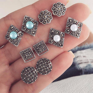 Exquisite round geometric Rhinestone drill five sets of small wild ear studs silver ear needle allergy jewelry