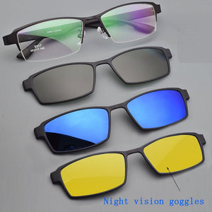 Eyeglasses Frame Alloy Male Big Belt Magnet Clip On Myopia Glasses Frame 3D Lens Polarized Sunglasses Sand Black  Night Vision