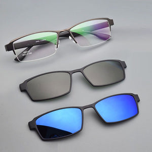 Eyeglasses Frame Alloy Male Big Belt Magnet Clip On Myopia Glasses Frame 3D Lens Polarized Sunglasses Sand Black  Night Vision