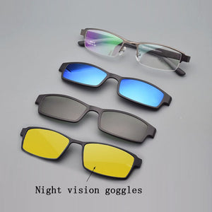 Eyeglasses Frame Alloy Male Big Belt Magnet Clip On Myopia Glasses Frame 3D Lens Polarized Sunglasses Sand Black  Night Vision