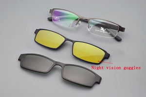 Eyeglasses Frame Alloy Male Big Belt Magnet Clip On Myopia Glasses Frame 3D Lens Polarized Sunglasses Sand Black  Night Vision