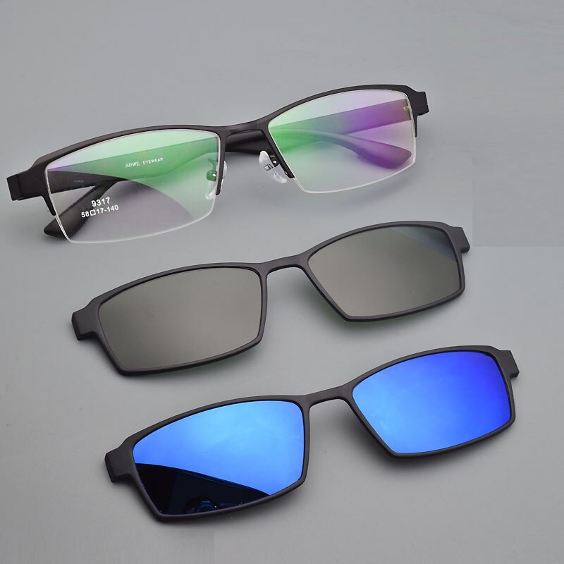 Eyeglasses Frame Alloy Male Big Belt Magnet Clip On Myopia Glasses Frame 3D Lens Polarized Sunglasses Sand Black  Night Vision