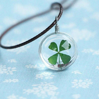2016 Fashion Flower Lockets Necklace Leather Chain Four Leaf Clover Glass Cabochon Wish Bottle Pendant Necklace Jewelry