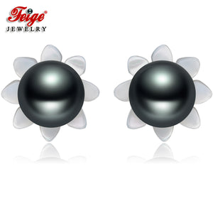 6-7mm Black Pearls 925 Sterling Silver Stud Earrings For Women's Exclusive Design Shell Carvings Fine Jewelry