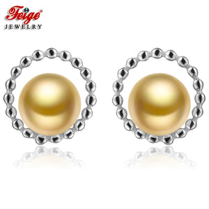 Fashion style Real 925 Silver Stud Earring 7-8mm Golden Pearl Earrings for Women Fine Jewelry Pendientes Perla