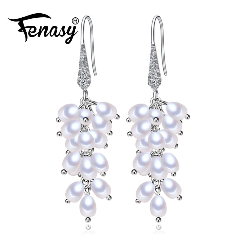 Many pearls long earring,Uvas 925 Sterling Silver earrings,Birthd gift Jewelry for Women pearl Drop earrings