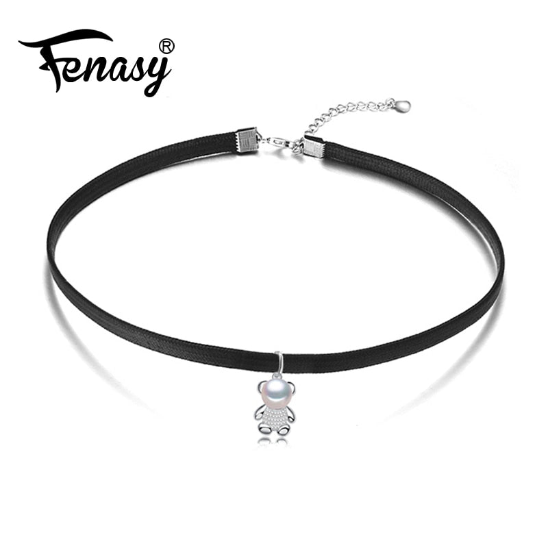collana di perle, collana a catena di perle bianche naturali, collana girocollo con orsetto carino per donne, ciondolo per migliori amiche femminili 