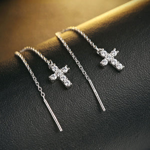 925 Silver Cross Earring Long Chain AAA Crystal 100% S925 Sterling Silver boucle d'oreille Drop Earrings for Women Jewelry