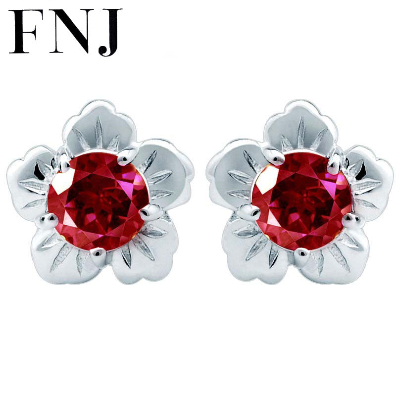 FNJ925 Fiore in argento Orecchino con perno Gioielli da donna S925 Argento sterling boucle d'oreille Orecchini in cristallo rosso AAA con zirconi cubici 