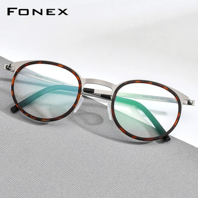 FONEX Acetate Alloy Glasses Frame Men Women Vintage Round Myopia Optical Prescription Eyeglasses Screwless Korean Eyewear F1012
