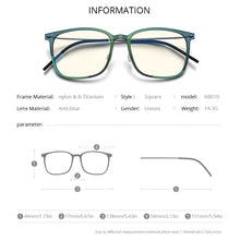 Load image into Gallery viewer, FONEX Anti Blue Light Blocking Glasses Women Antiblue UV Protection Computer Eyeglasses Men FAB010 (Nylon Frame B Titanium Arm)
