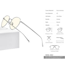 Load image into Gallery viewer, Pure Titanium Anti Blue Light Blocking Glasses for Women Retro Round Eyeglasses Men  New Vintage Optical Eyewear