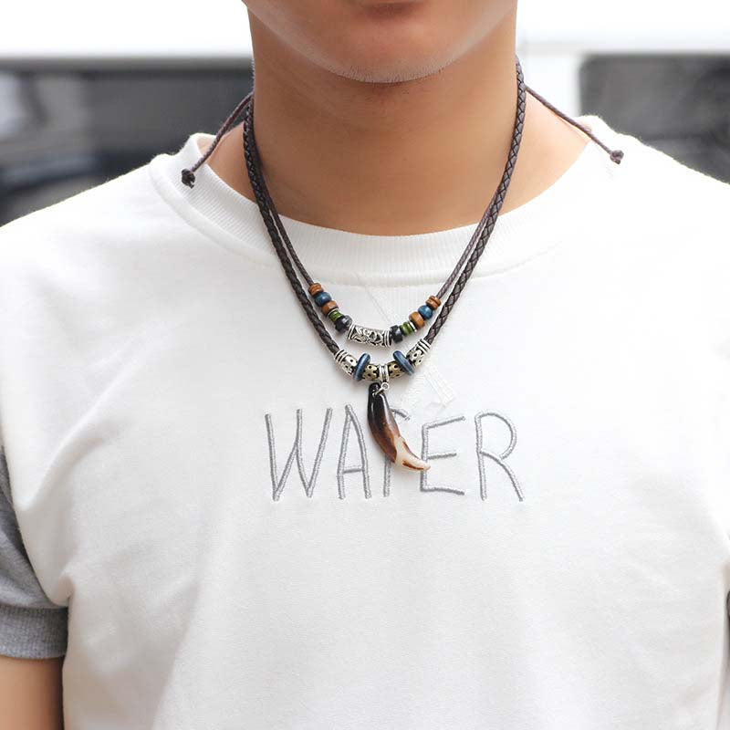 Ethic Leather Necklace for Men Women Boho Woof Tooth Pendant Necklaces Adjustable Leather Necklace Male Punk Jewelry