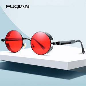 FUQIAN Gothic Steampunk Occhiali da sole Uomo Donna Classic Round Metal Black Occhiali da sole Retro Male Eyewear UV400 