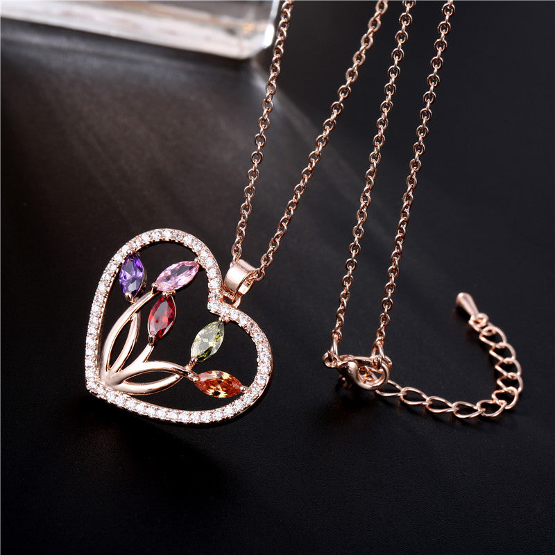 Fashion High Quality Rose Gold Color Heart Shape Cubic Zirconia Wedding Necklaces Crystal Jewelry Statement For Party