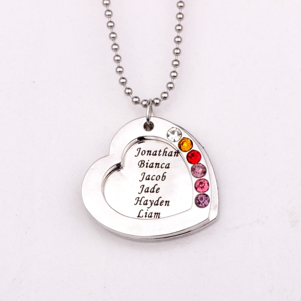 Family Heart Pendant Necklace with Birthstones Birthstones Long Necklaces Jewelry Custom Made Any Name YP2545