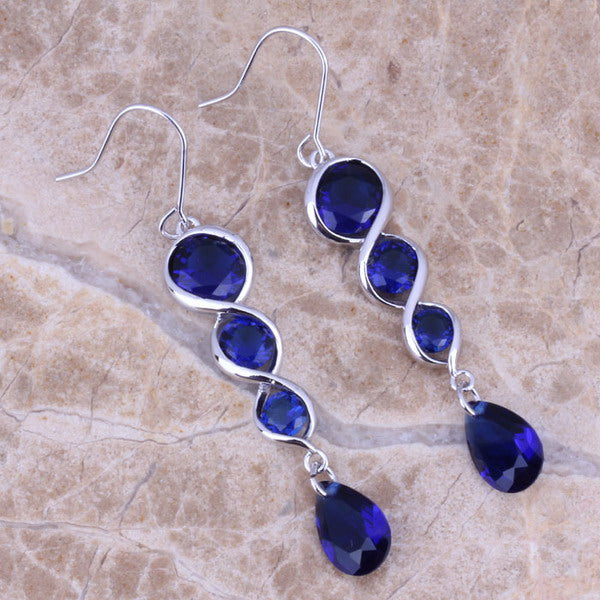 Fancy Blue Cubic Zirconia 925 Sterling Silver Drop Dangle Earrings For Women S0209