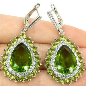 Fancy Long Big 16.6g Green Peridot, White CZ Woman's Gift 925 Silver Earrings 48x24mm
