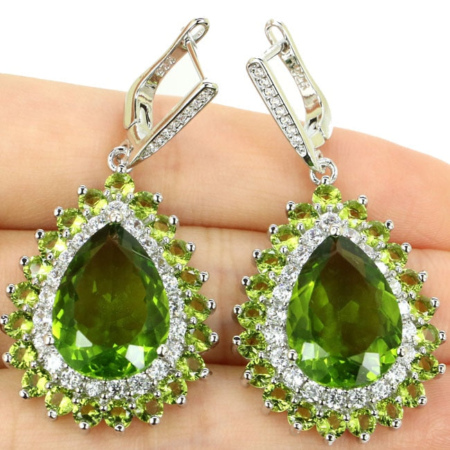 Fancy Long Big 16.6g Green Peridot, White CZ Woman's Gift 925 Silver Earrings 48x24mm