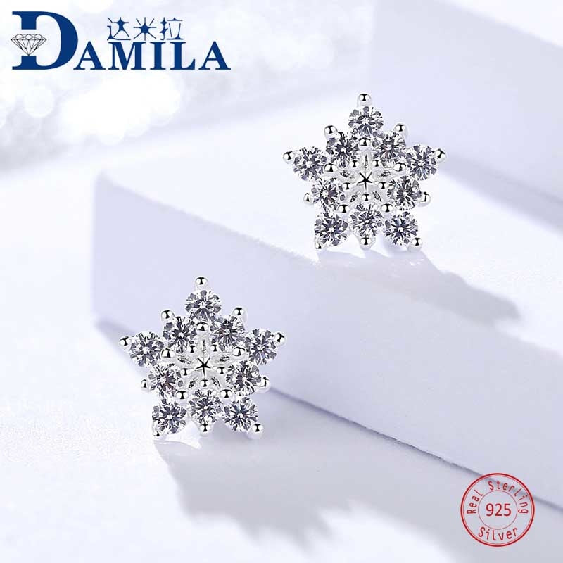 Fashion 100% 925 sterling silver snowflake earrings for women Silver 925 jewelry stud earrings Crystal earing for female girls