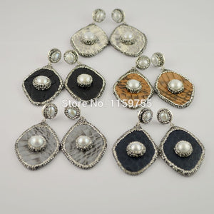 Fashion 4Pair Mixed Color Charm Rhombus Shape Snakeskin Earrings, Pave Rhinestone Pearl Dangle Earrings