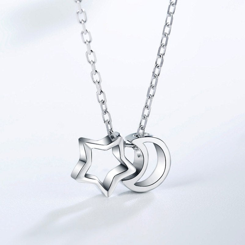 Fashion 925 Sterling Silver Moon Star Penadnt Necklaces For Women Romantic Anniversary Birthd Gift Fine Jewelry TWED205D