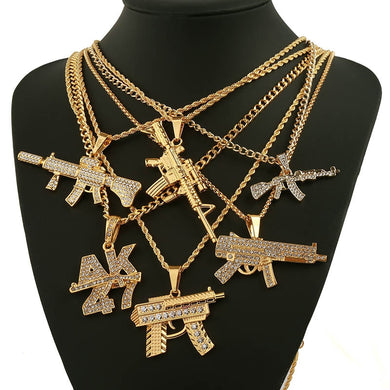 Revolver Uzi Gun Pendant Necklaces Women Men Hip Hop Jewelry Steampunk Bling Rhinestone Gold Long Chain Necklace