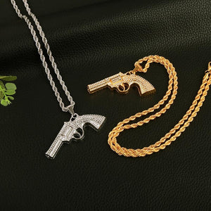 Revolver Uzi Gun Pendant Necklaces Women Men Hip Hop Jewelry Steampunk Bling Rhinestone Gold Long Chain Necklace