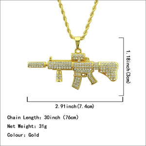 Revolver Uzi Gun Pendant Necklaces Women Men Hip Hop Jewelry Steampunk Bling Rhinestone Gold Long Chain Necklace