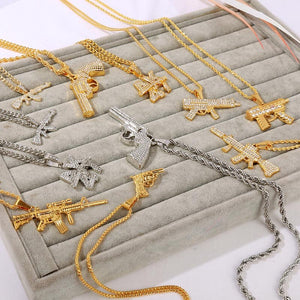 Revolver Uzi Gun Pendant Necklaces Women Men Hip Hop Jewelry Steampunk Bling Rhinestone Gold Long Chain Necklace