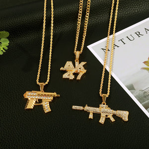 Revolver Uzi Gun Pendant Necklaces Women Men Hip Hop Jewelry Steampunk Bling Rhinestone Gold Long Chain Necklace