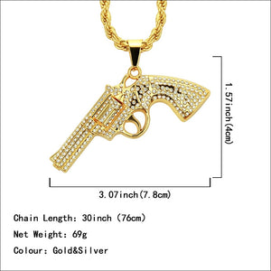 Revolver Uzi Gun Pendant Necklaces Women Men Hip Hop Jewelry Steampunk Bling Rhinestone Gold Long Chain Necklace