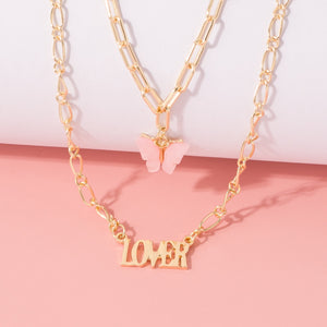 Moda farfalla acrilica Old English Font pendenti Collana doppio strato acido acetico Collana per bambina Girocollo Gioielli di dichiarazione 