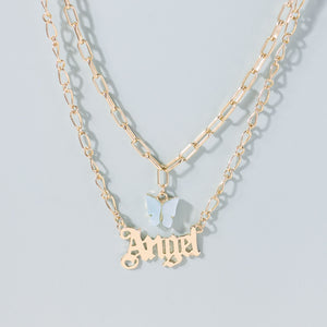 Moda farfalla acrilica Old English Font pendenti Collana doppio strato acido acetico Collana per bambina Girocollo Gioielli di dichiarazione 
