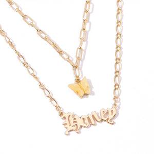 Moda farfalla acrilica Old English Font pendenti Collana doppio strato acido acetico Collana per bambina Girocollo Gioielli di dichiarazione 