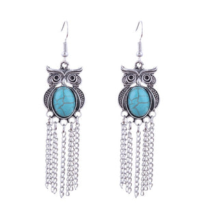 Fashion Bohemian Vintage Tibetan Silver Color Long Owl Dangle Earrings Stone Owl Chain Tassels Drop Earrings For Women