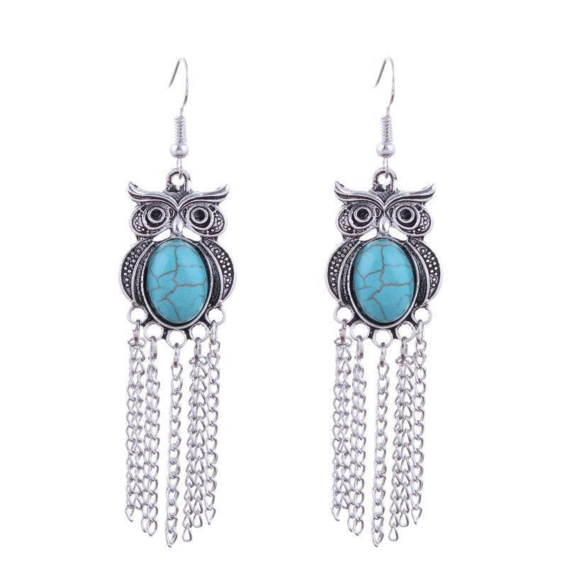 Fashion Bohemian Vintage Tibetan Silver Color Long Owl Dangle Earrings Stone Owl Chain Tassels Drop Earrings For Women