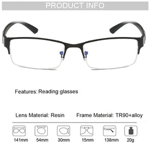 Business Half Rim Reading Glasses For Men Women Presbyopic Eyeglasses Rectangular Frame Eyewear Diopter With +1.0~+4.0
