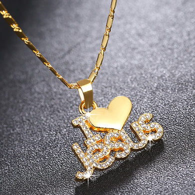 Fashion Crystal I Love Jesus Heart Cross Pendant Necklace With Copper Chain Letter Rhinestone ReligionChristian Jewelry Gift