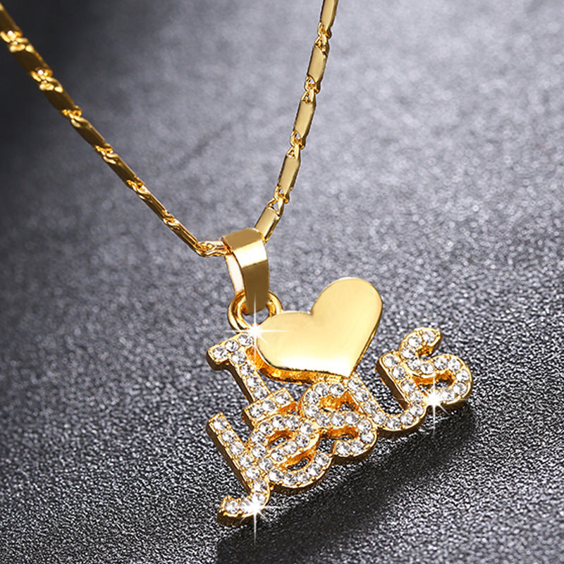 Fashion Crystal I Love Jesus Heart Cross Pendant Necklace With Copper Chain Letter Rhinestone ReligionChristian Jewelry Gift