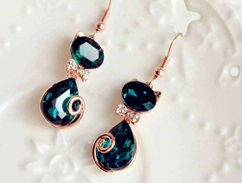 Fashion Dark Green Crystal Small Cat Earrings Stylish Dangle Earrings Cute Animal Earrings For Women Jewelry