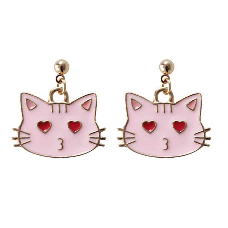 Fashion Design Sweet Heart Eays Enamel Pink Cute Cat Stud Earrings For Kids Girls Women with metal ear plug
