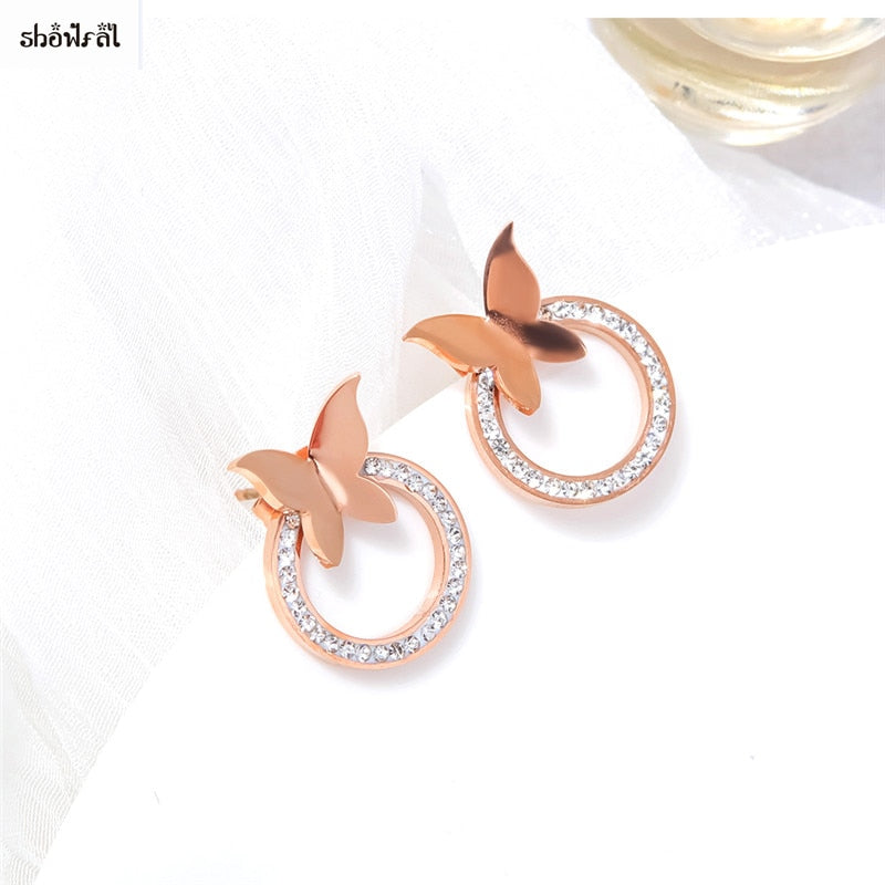 Fashion Designer Jewelry Rose Gold Color Rhinestone Stud Earrings Butterfly 316l Stainless Steel Stud Earrings for Women Brincos