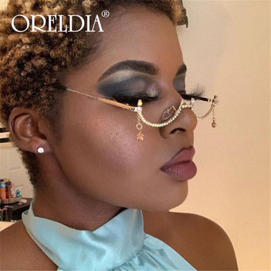 Diamond Glasses Frame 2023 Women  Vintage Gold Silver Colorful Chain Rhinestone Water Drop Half Frame Glasses