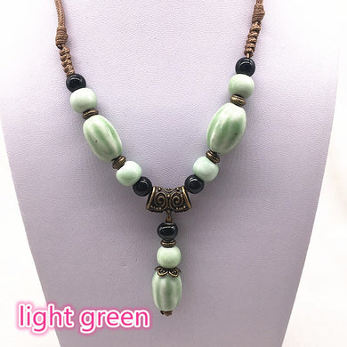 Fashion Ethnic Jewelry Traditional Handmade Ornaments Weave Wax Rope Ceramics Necklace Ceramics Beads Pendant Long Necklace #37
