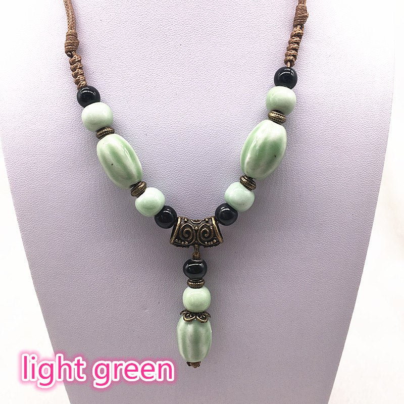Moda Gioielli etnici Ornamenti tradizionali fatti a mano Intreccio Corda di cera Collana in ceramica Perline di ceramica Collana lunga con ciondolo #37 