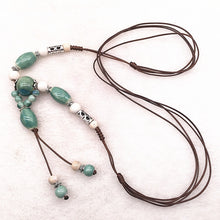 Carica l&#39;immagine nel visualizzatore di Gallery, Fashion Ethnic Jewelry Traditional Handmade Ornaments Weave Wax Rope Ceramics Necklace Ceramics Beads Pendant Long Necklace #07