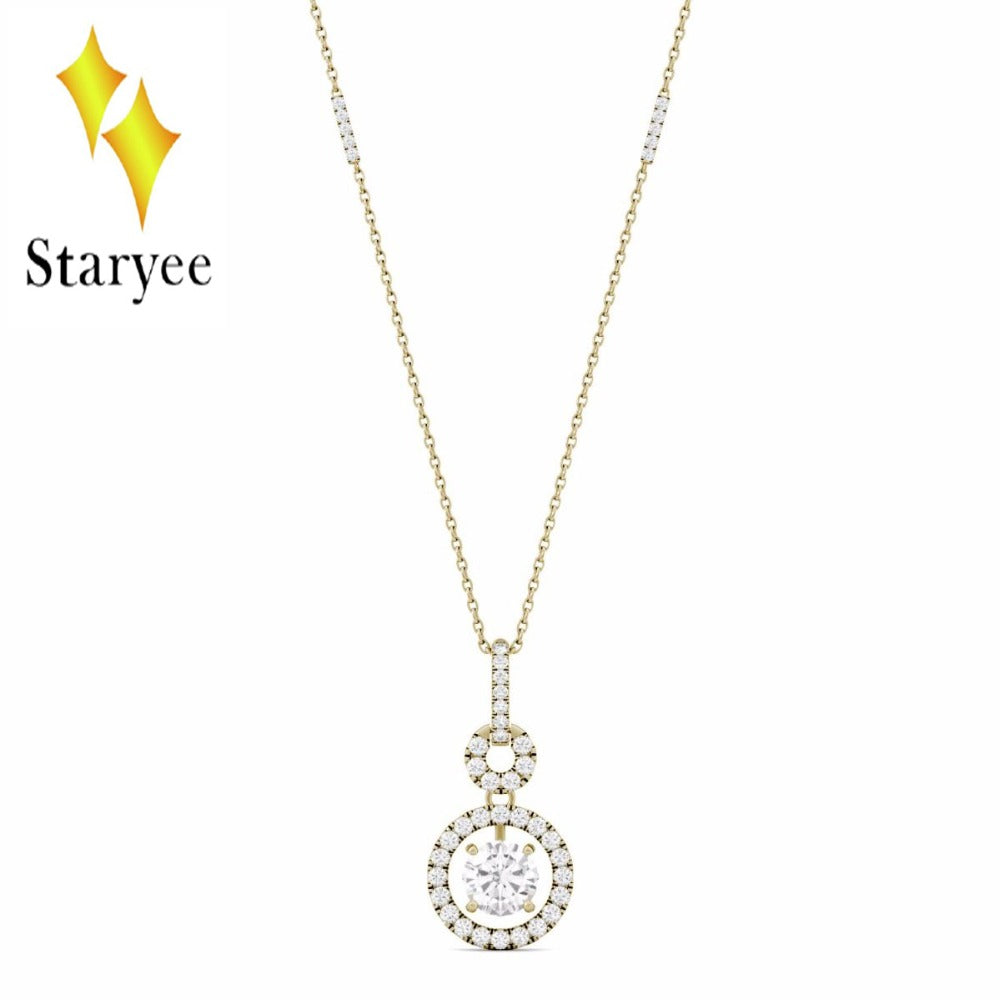 Fashion Female Super Round Moissanite Halo Chain Lab Diamond Pendant Necklace Elegant Jewelry 18K Yellow Gold