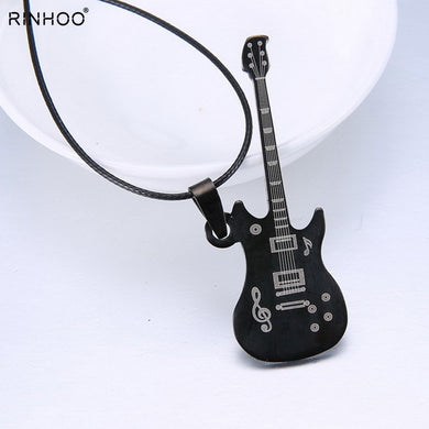 Fashion Guitar Necklace Men Choker Guitar Pendant Stainless Steel necklaces pendants Leather Chain Men Jewelry 316L necklace
